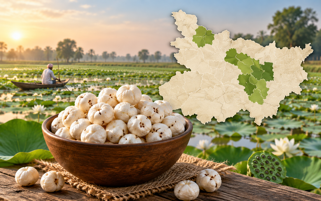 Makhana cultivation in Bihar with pond farming and popped makhana