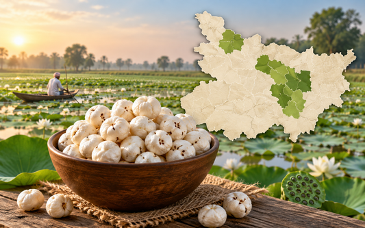 Makhana cultivation in Bihar with pond farming and popped makhana