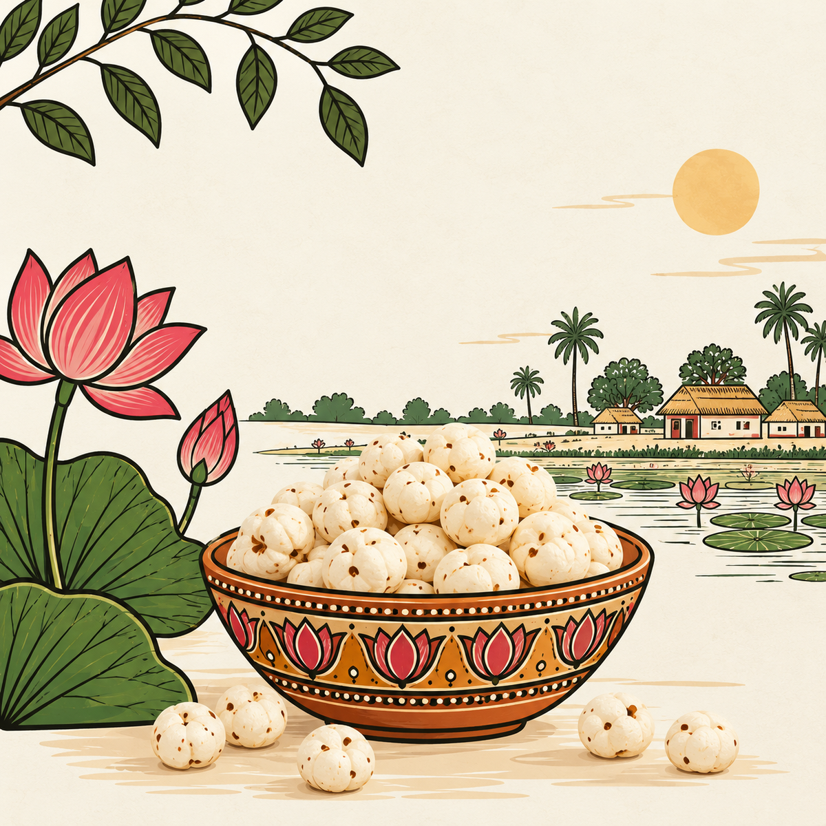 Madhubani-style painting of a bowl of makhana beside a lotus pond