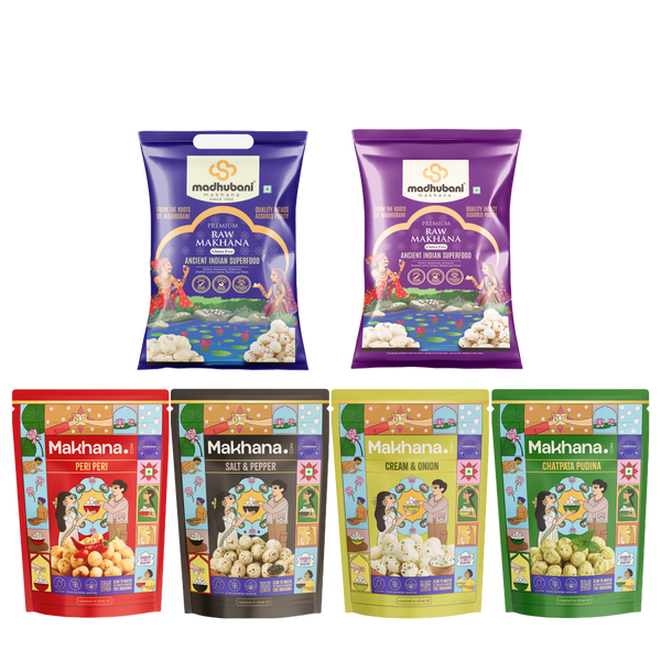 Makhana Sample Pack (4 Flavoured Varieties & 2 Raw Packs)