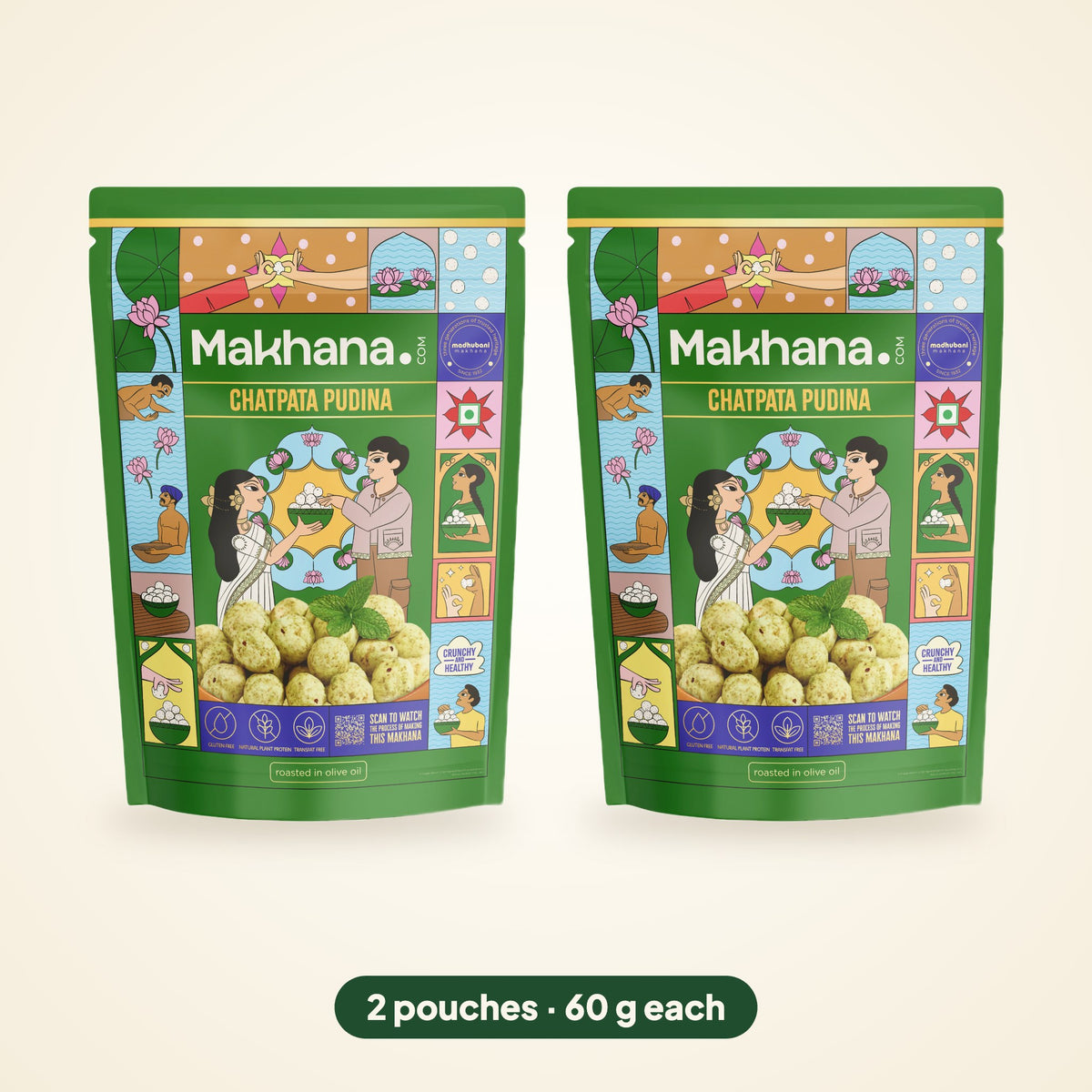 Chatpata Pudina roasted makhana, pack of 2 pouches (60 g each)