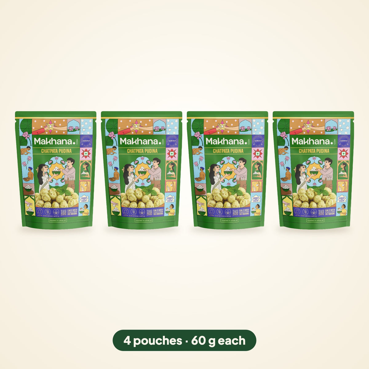 Chatpata Pudina roasted makhana, pack of 4 pouches (60 g each)