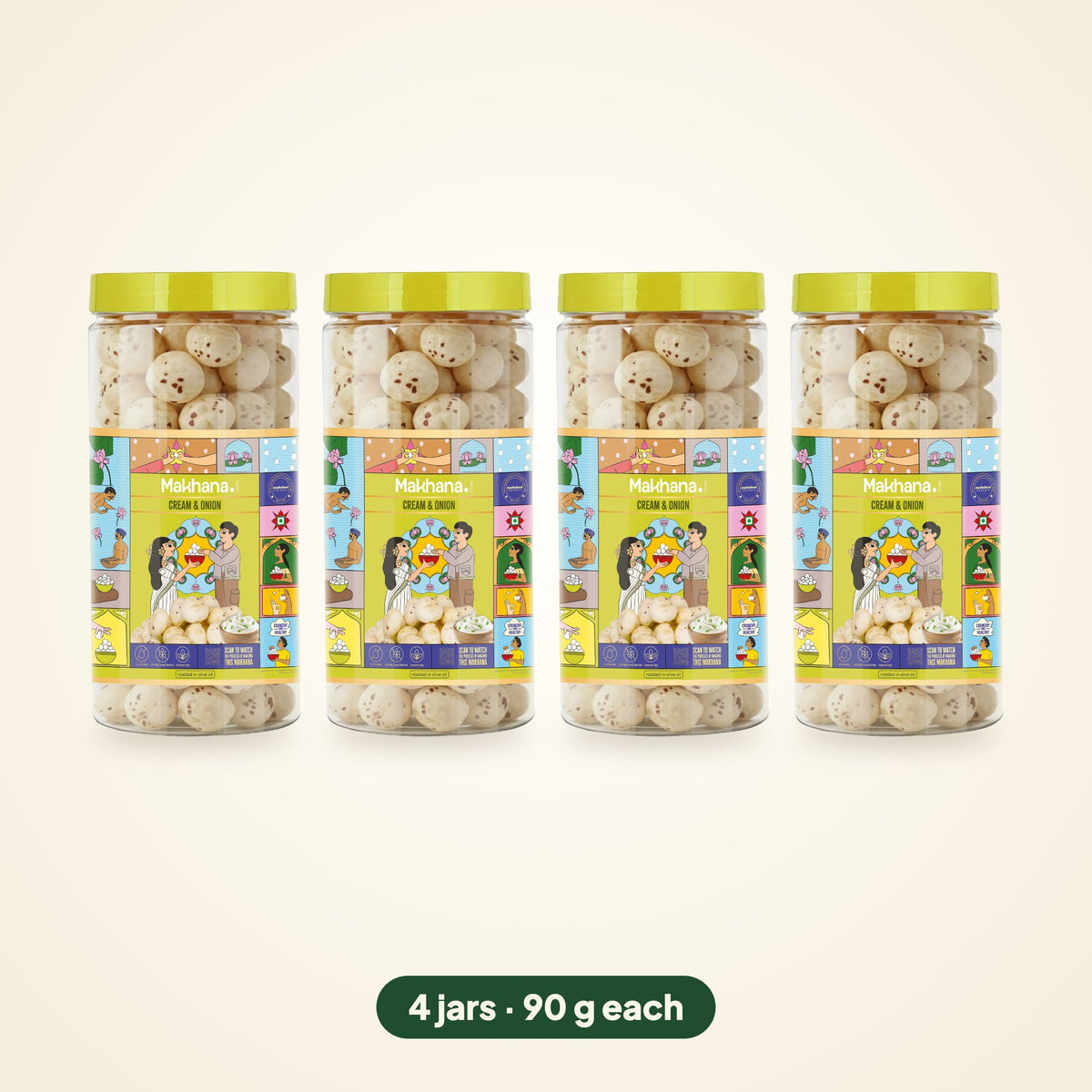 Cream & Onion roasted makhana, pack of 4 jars (90 g each)
