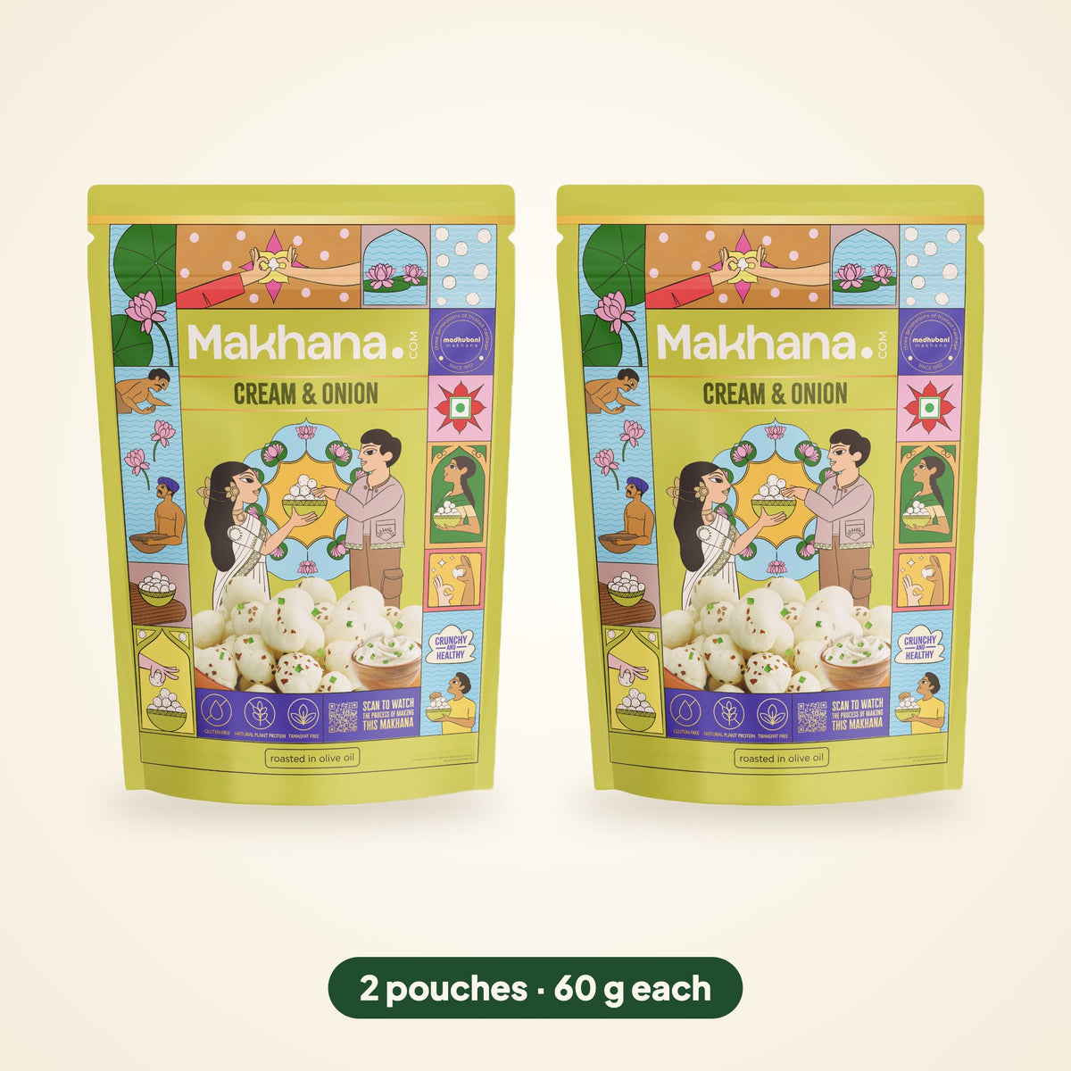 Cream & Onion roasted makhana, pack of 2 pouches (60 g each)