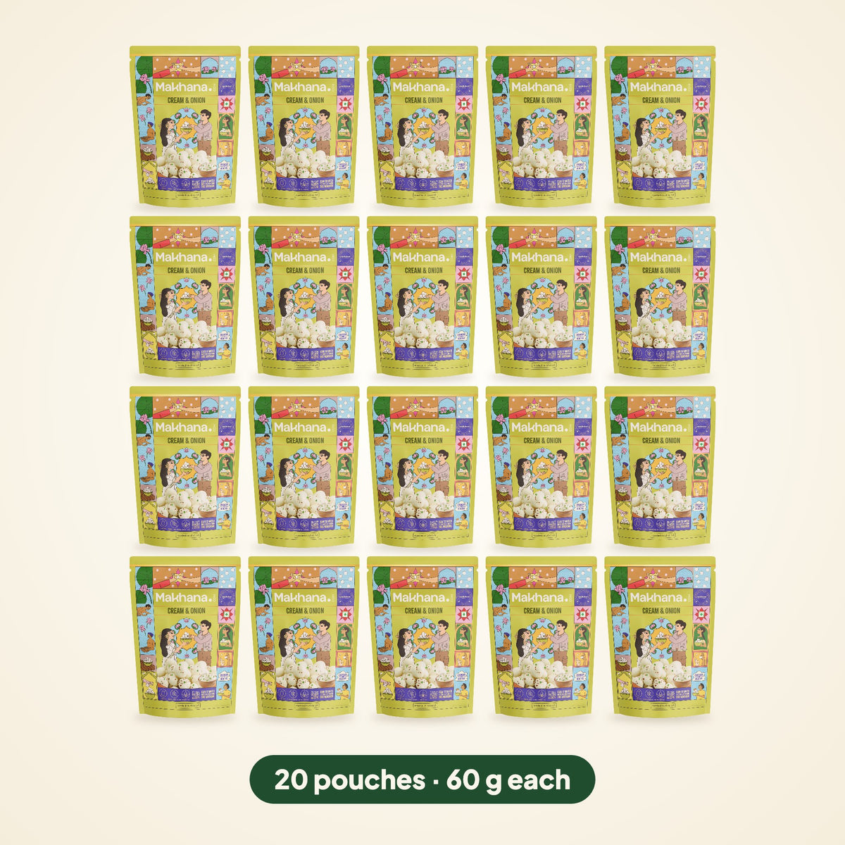 Cream & Onion roasted makhana, pack of 20 pouches (60 g each)