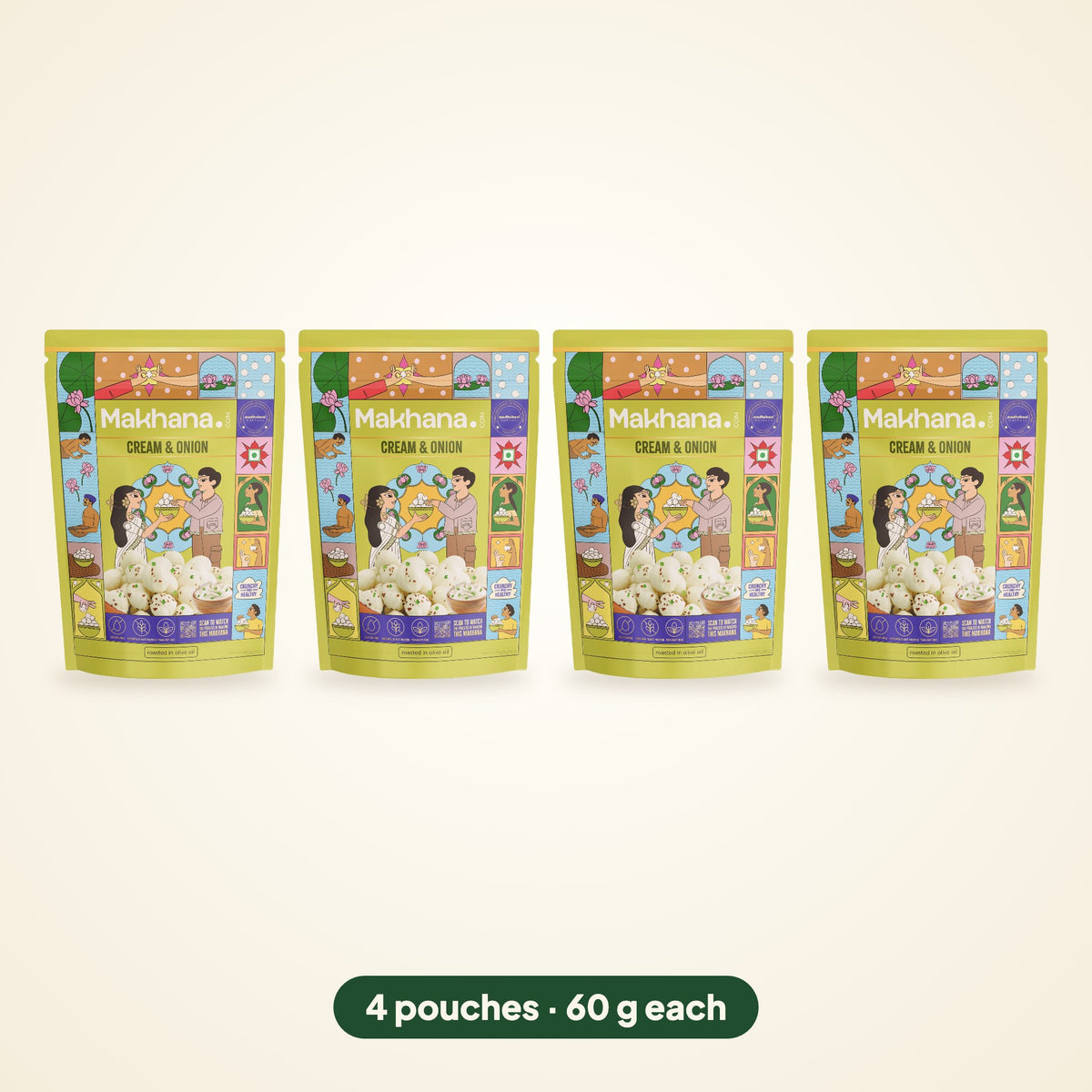 Cream & Onion roasted makhana, pack of 4 pouches (60 g each)