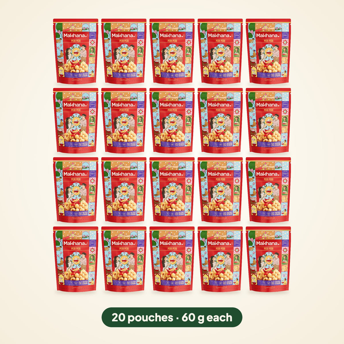 Peri Peri roasted makhana, pack of 20 pouches (60 g each)
