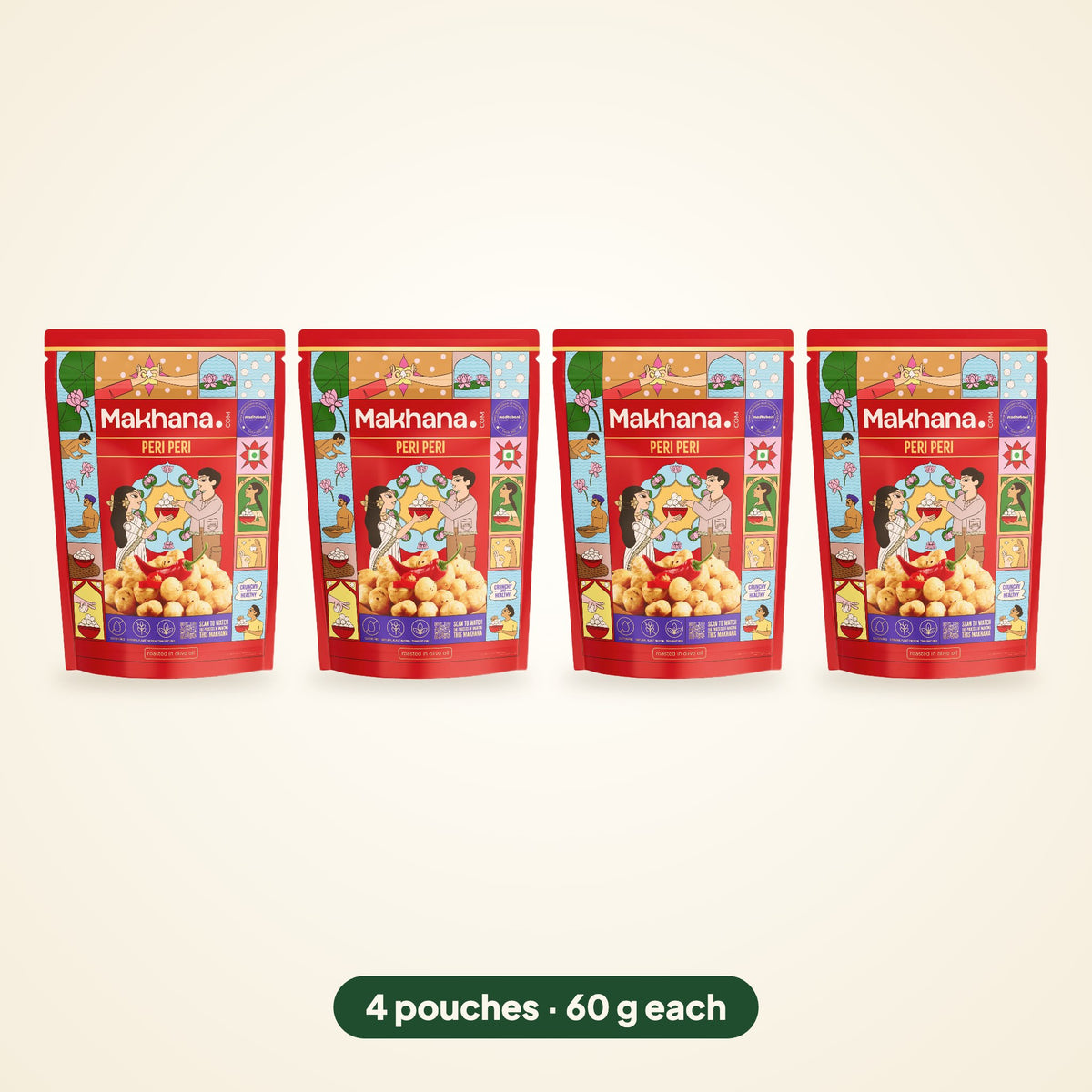 Peri Peri roasted makhana, pack of 4 pouches (60 g each)