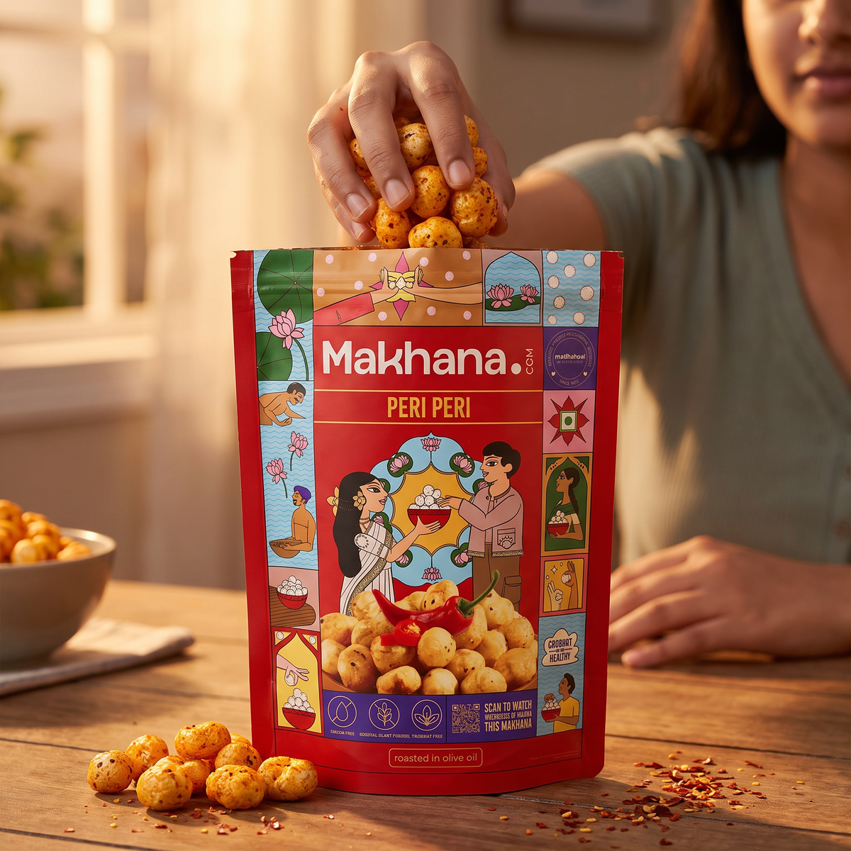 Hand taking Peri Peri makhana from the pouch