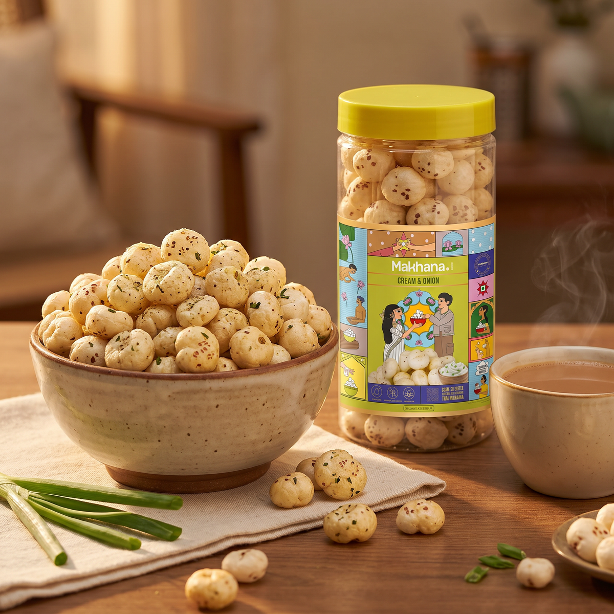Bowl of Cream & Onion makhana with the jar and chai