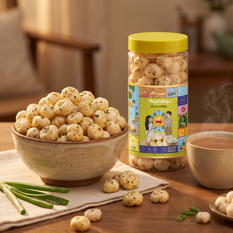 Bowl of Cream & Onion makhana with the jar and chai