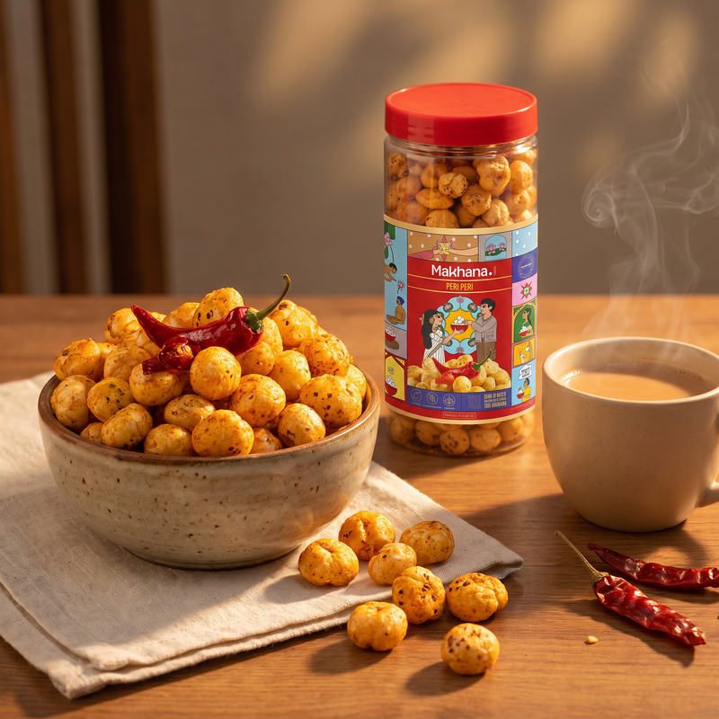 Bowl of Peri Peri makhana with the jar and masala chai