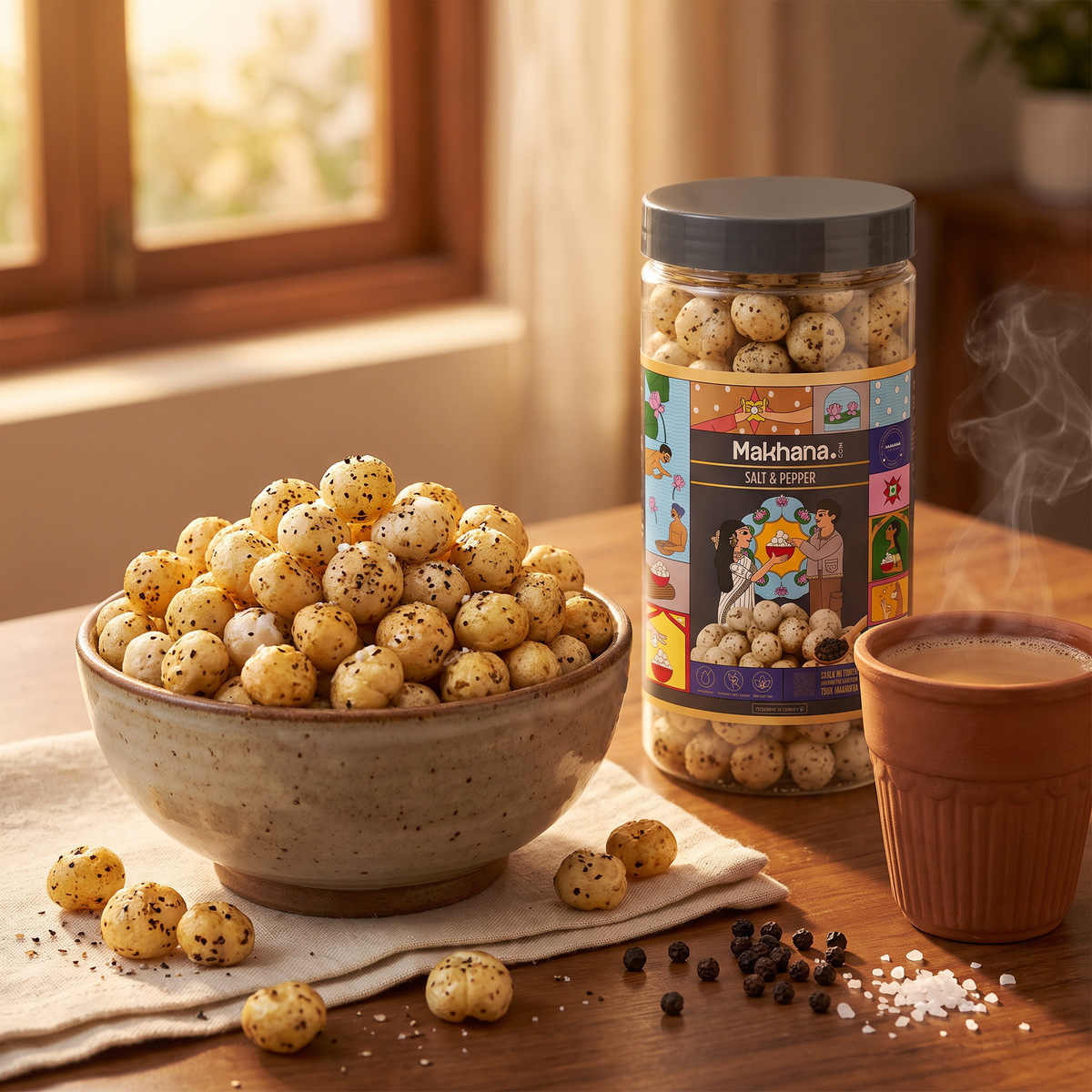 Bowl of Salt & Pepper makhana with the jar and chai