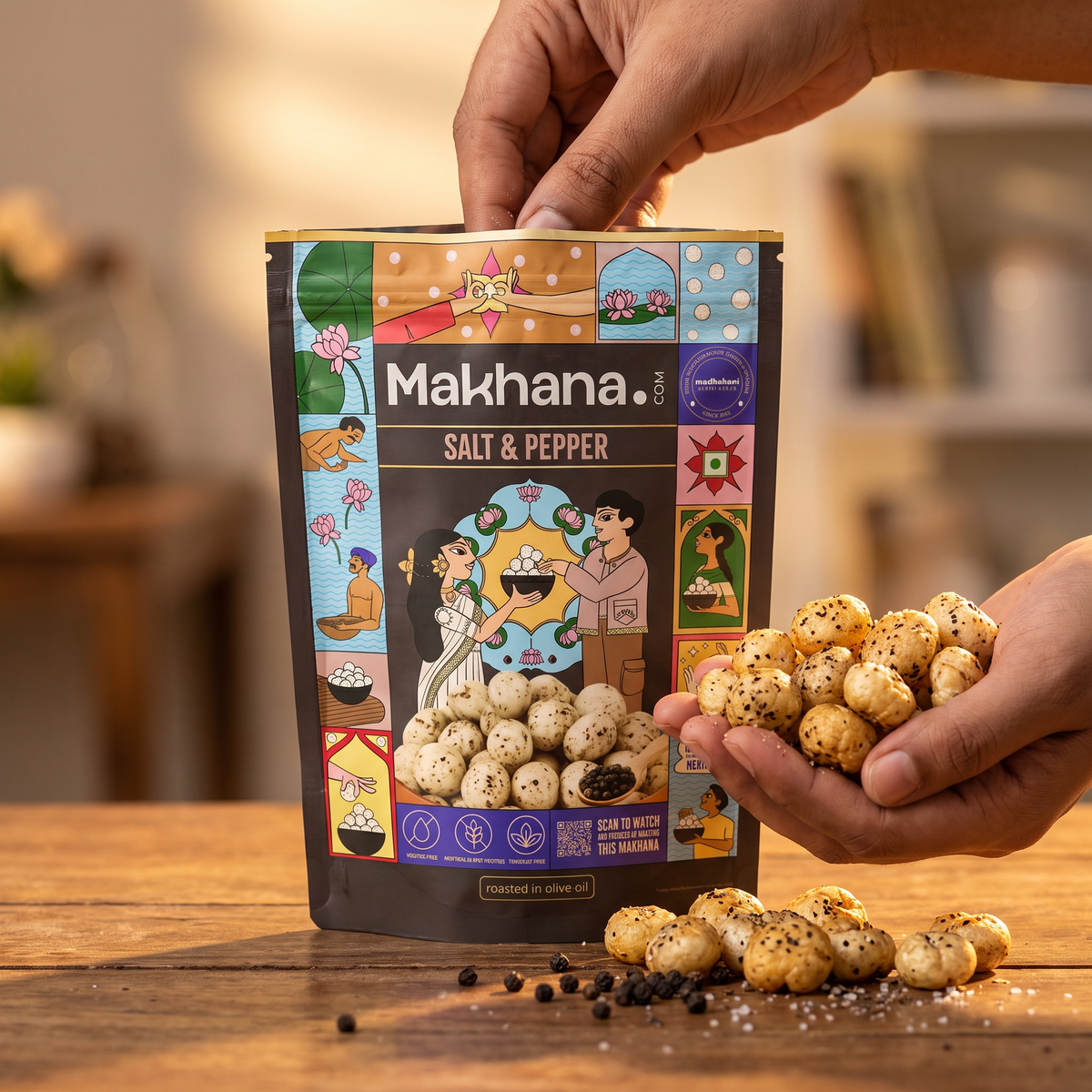 Hand taking Salt & Pepper makhana from the pouch