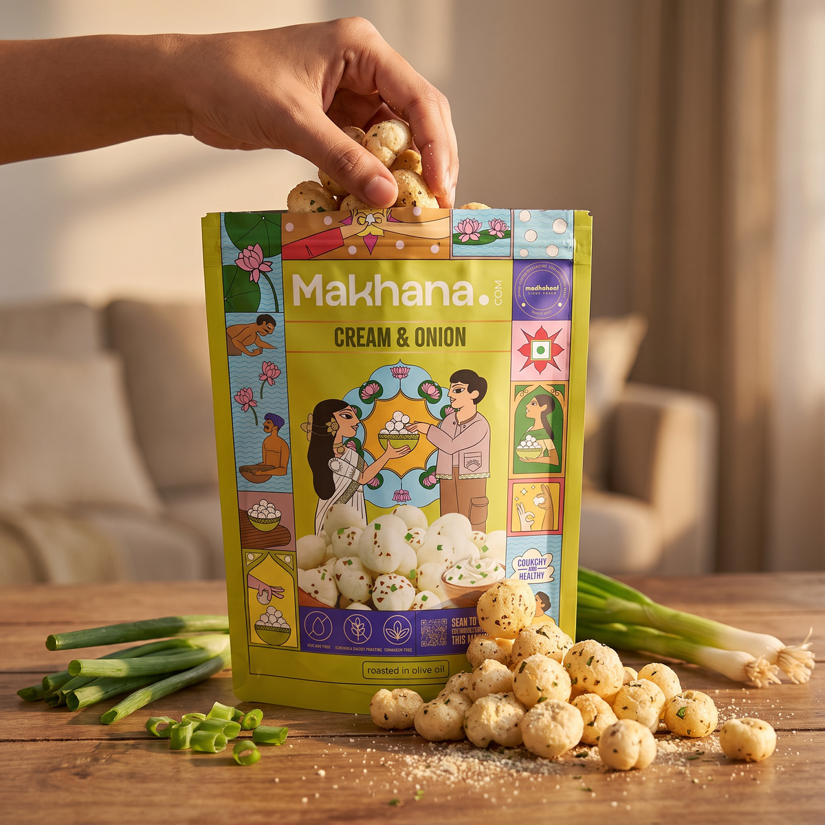 Hand taking Cream & Onion makhana from the pouch