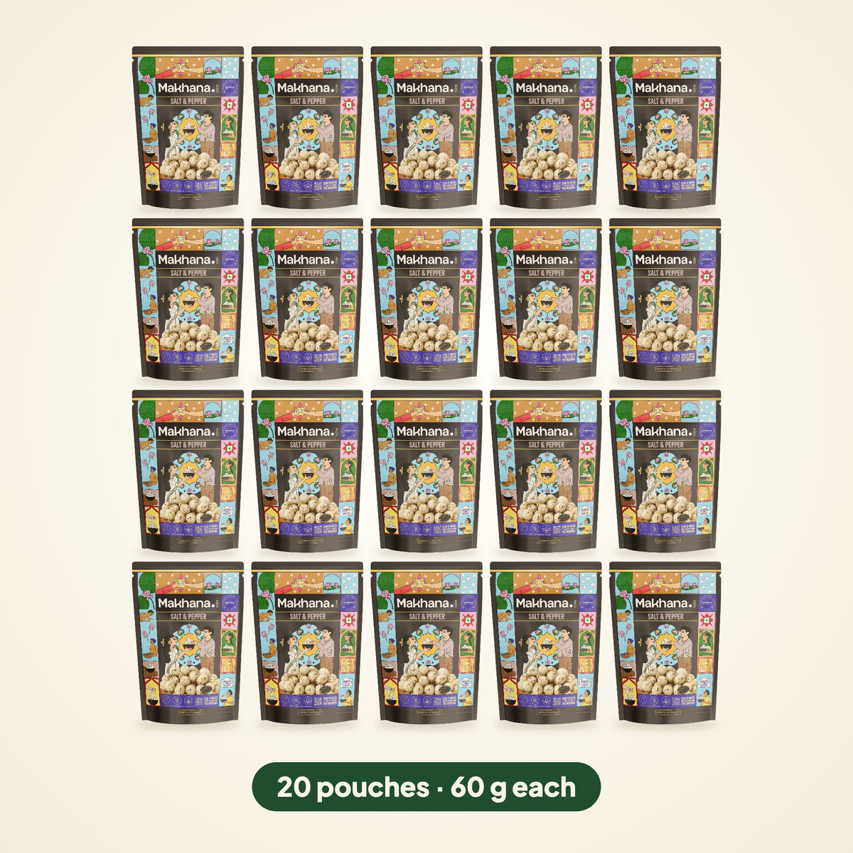 Salt & Pepper roasted makhana, pack of 20 pouches (60 g each)