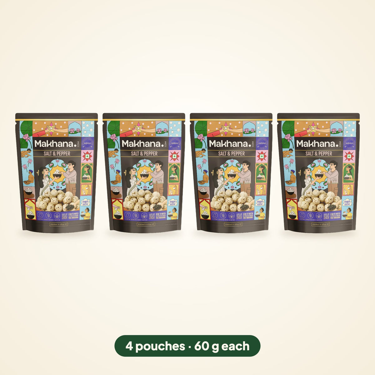 Salt & Pepper roasted makhana, pack of 4 pouches (60 g each)